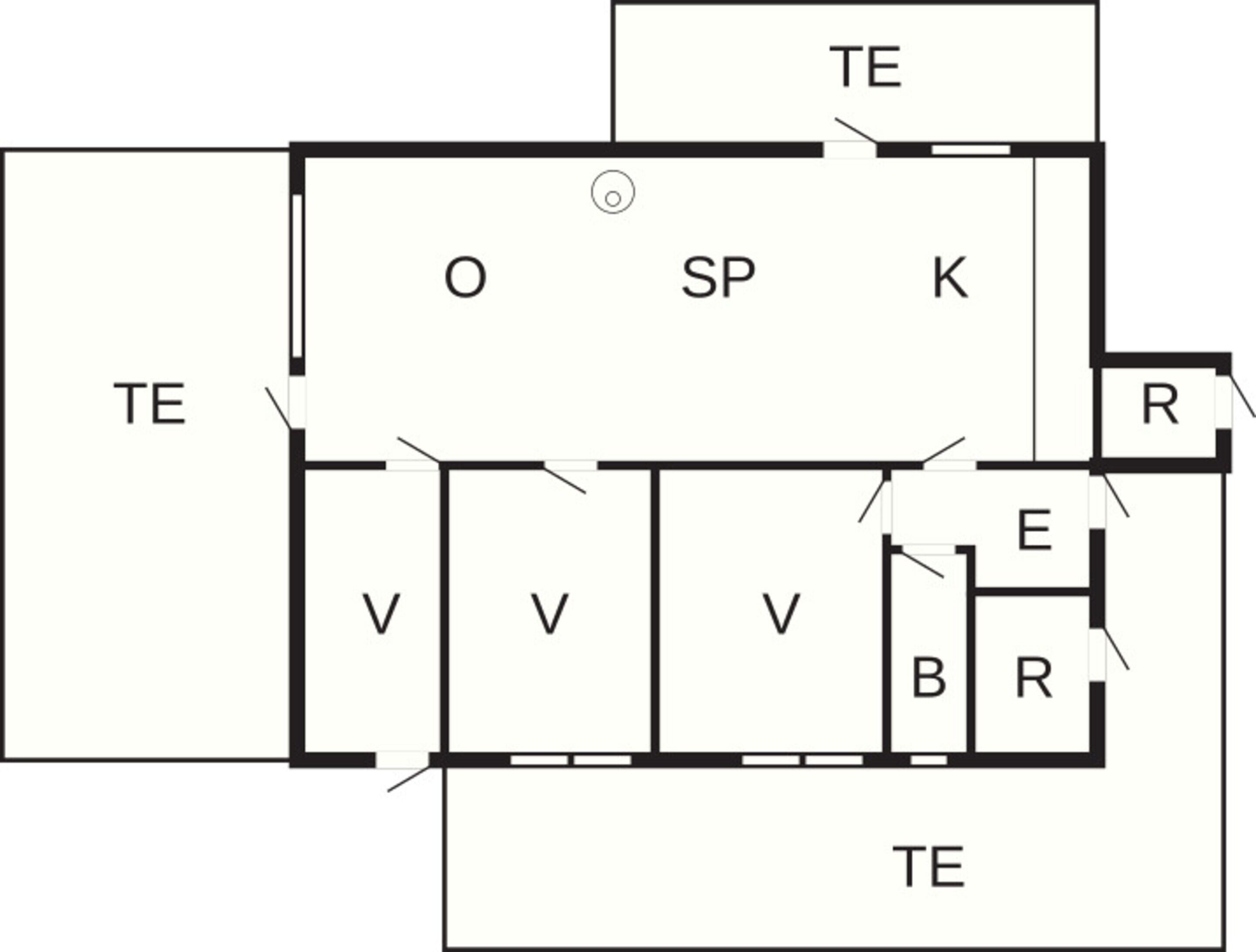 A floor plan with labeled rooms including TE, O, SP, K, V, B, E, and R.