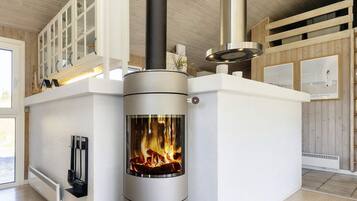 A modern interior with a wood-burning stove, white cabinetry, and a view of the outside.