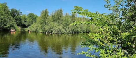 A calm river with dense greenery on both sides.