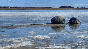 A frozen lake with two large rocks in the foreground and a forested area in the background.