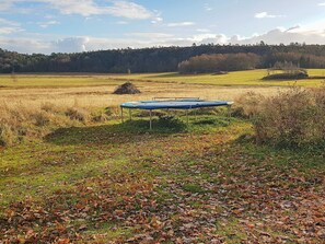 Un trampoline installé dans un champ herbeux, avec des arbres en arrière-plan.
