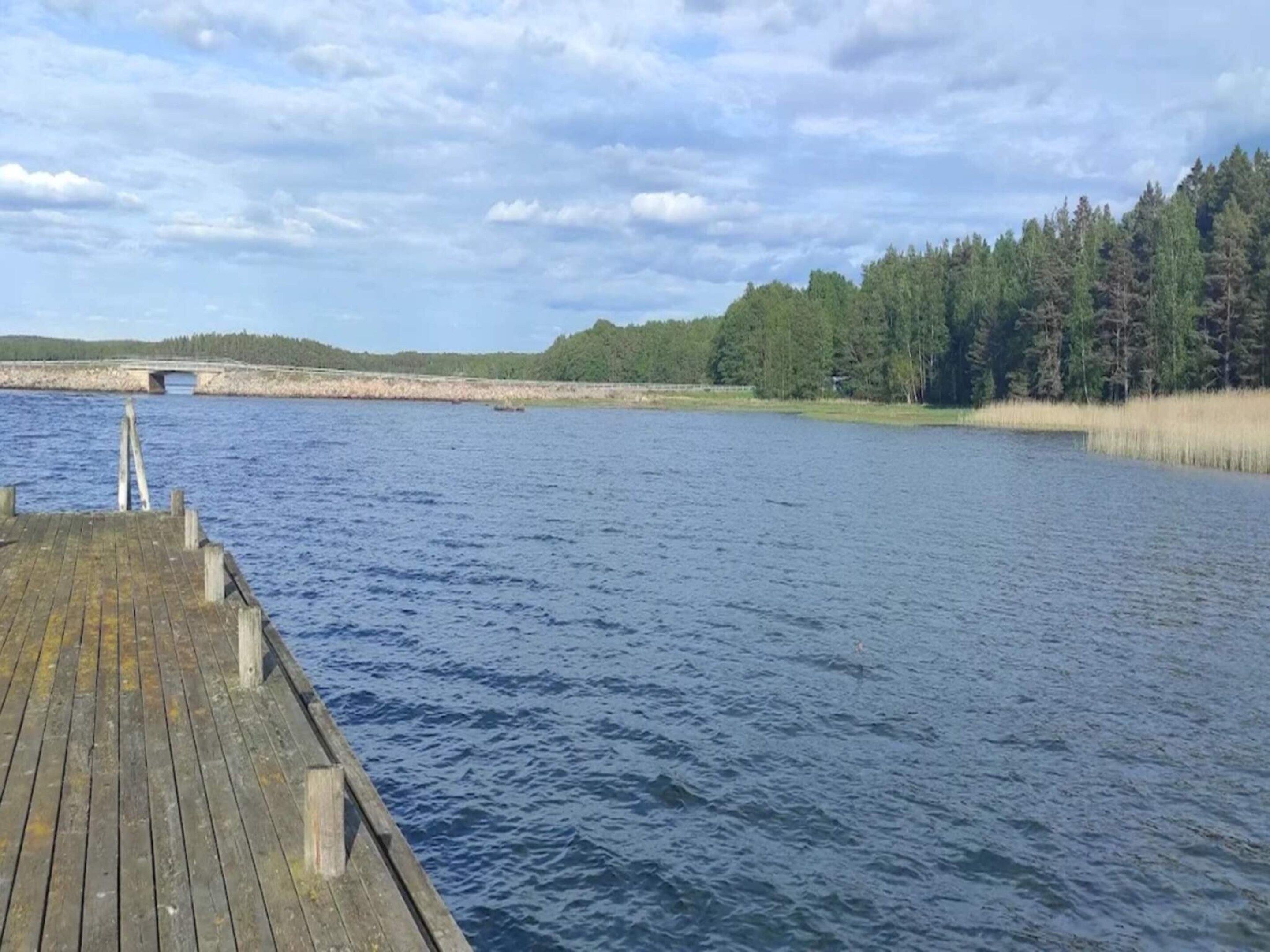 A wooden dock extending into a calm body of water with a forested shoreline and a distant bridge.