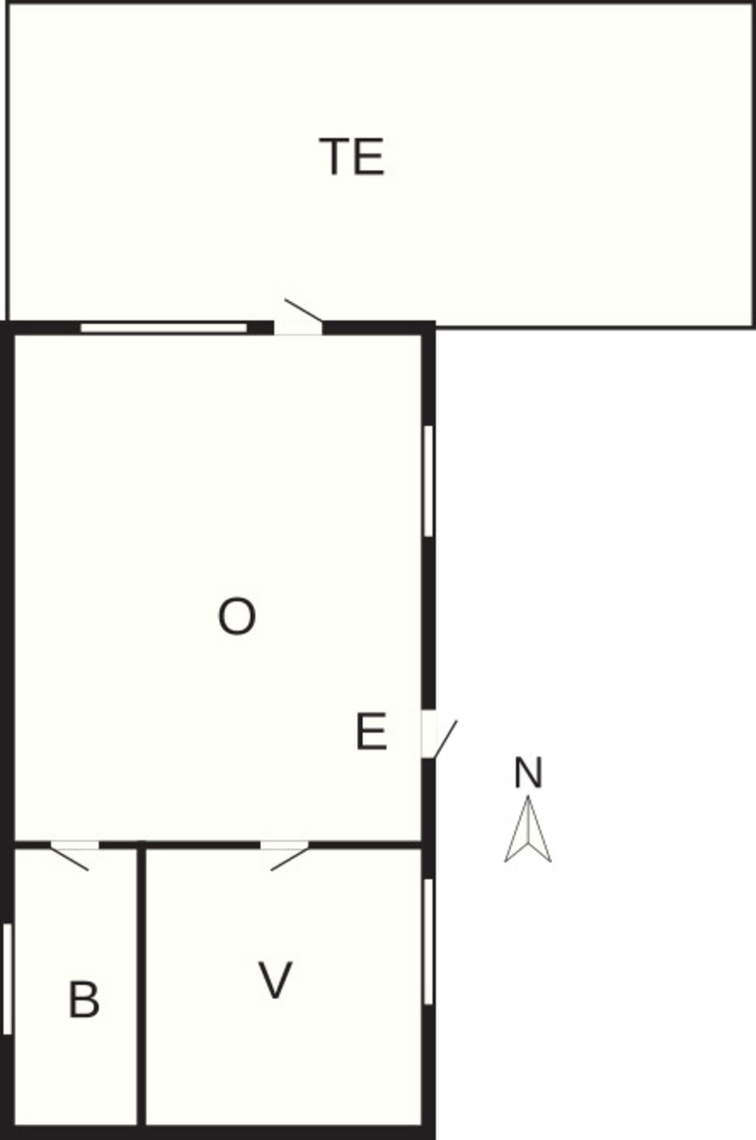A floor plan with labeled rooms: TE, O, E, B, and V.
