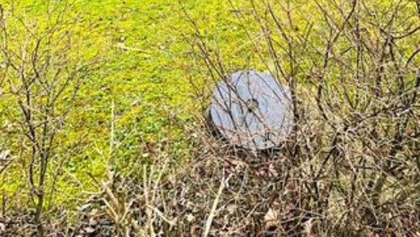 Een grasveld met een rond object, mogelijk een waterput of vijver, omringd door droge begroeiing.