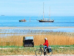 A person on a bicycle with a basket, a sailboat, and a small motorboat in the background. - 5 Star Holiday Home in Wendtorf (Wendtorf)