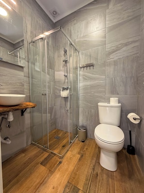 Shower, hair dryer, towels, toilet paper
