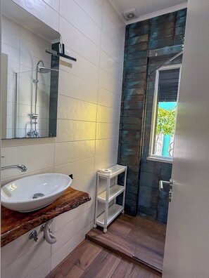 Shower, hair dryer, towels, toilet paper