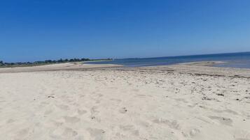 A wide sandy beach with footprints, a clear blue sky, and a distant shoreline.