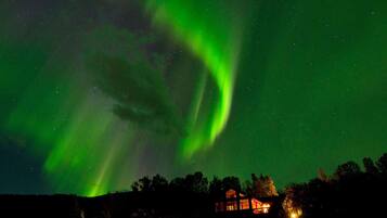 A house with a visible porch and a green aurora display in the night sky.