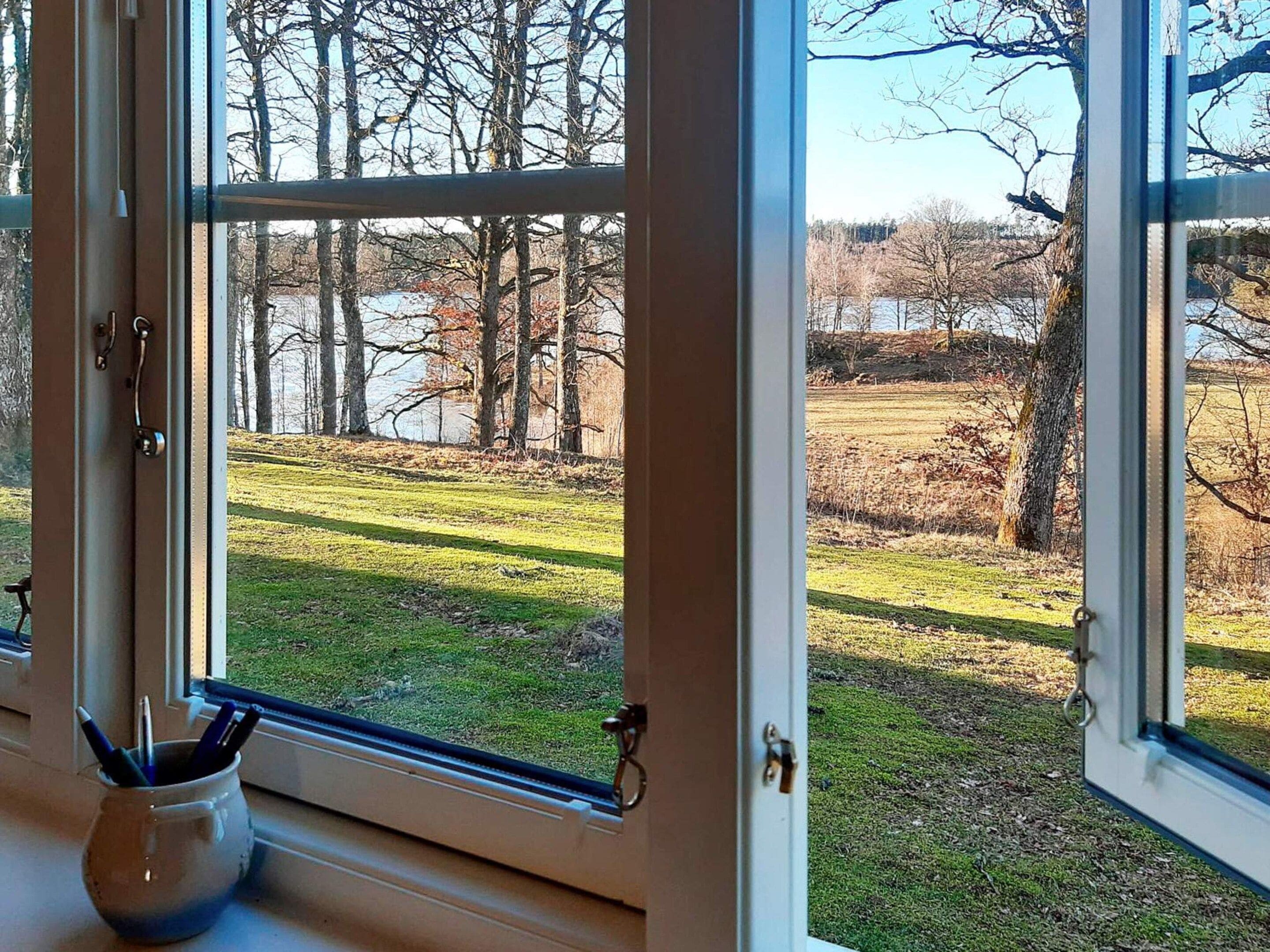 A window with a view of a grassy field and trees.