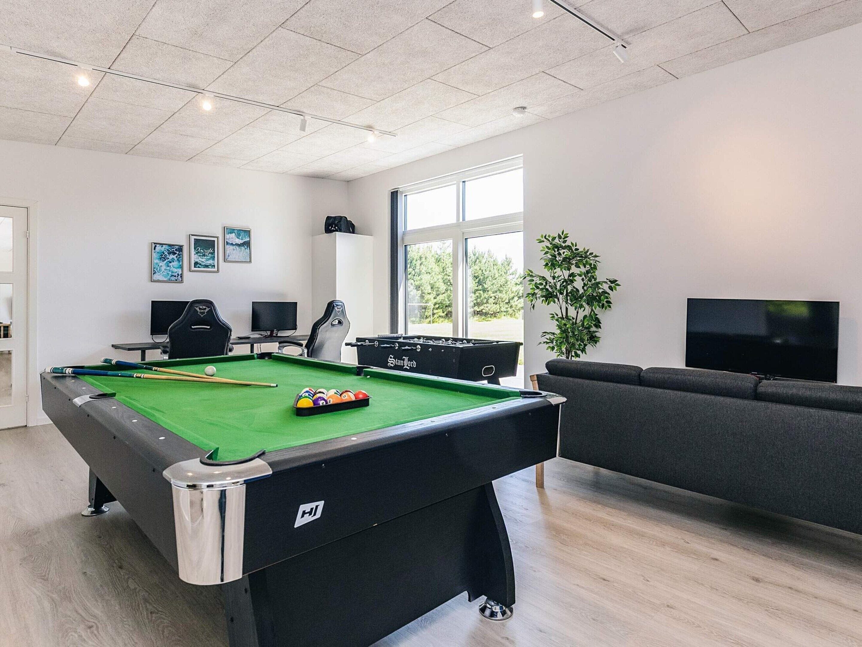 Ein moderner Billardtisch mit grüner Spielbahn, ein Schussstöcke und mehrere Billardkugeln. Im Raum befindet sich eine Couch und ein Fernseher.