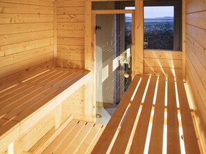 A wooden sauna room with benches and a glass door leading outside.