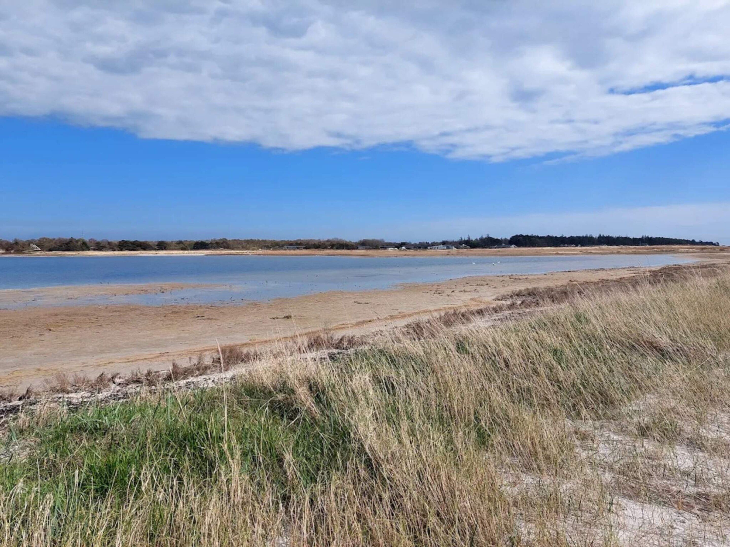 Un paisaje costero con una playa arenosa, dunas cubiertas de hierba y una masa de agua tranquila bajo un cielo parcialmente nublado.