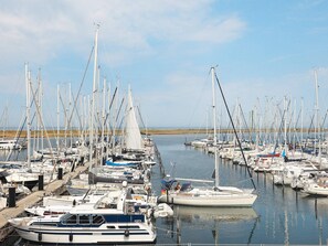 A marina with numerous sailboats docked in calm waters.