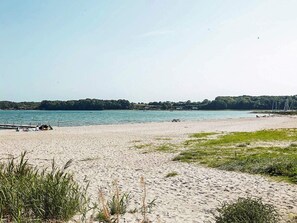A beach with a dock, grassy areas, and a calm body of water.
