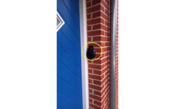 A blue and white striped awning with a circular yellow outline. - 6 Person Holiday Home in Hojer (Højer)