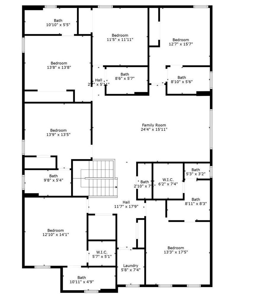 A floor plan with multiple bedrooms, bathrooms, a family room, and a laundry area.