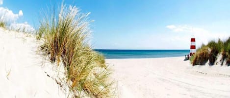 A beach with sand dunes, a clear sky, and a red and white lighthouse in the distance.