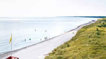 A beach with a flag, people, and a grassy area.