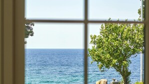 Une vue à travers une fenêtre donnant sur une mer bleue et limpide, un arbre et un chemin de gravier.