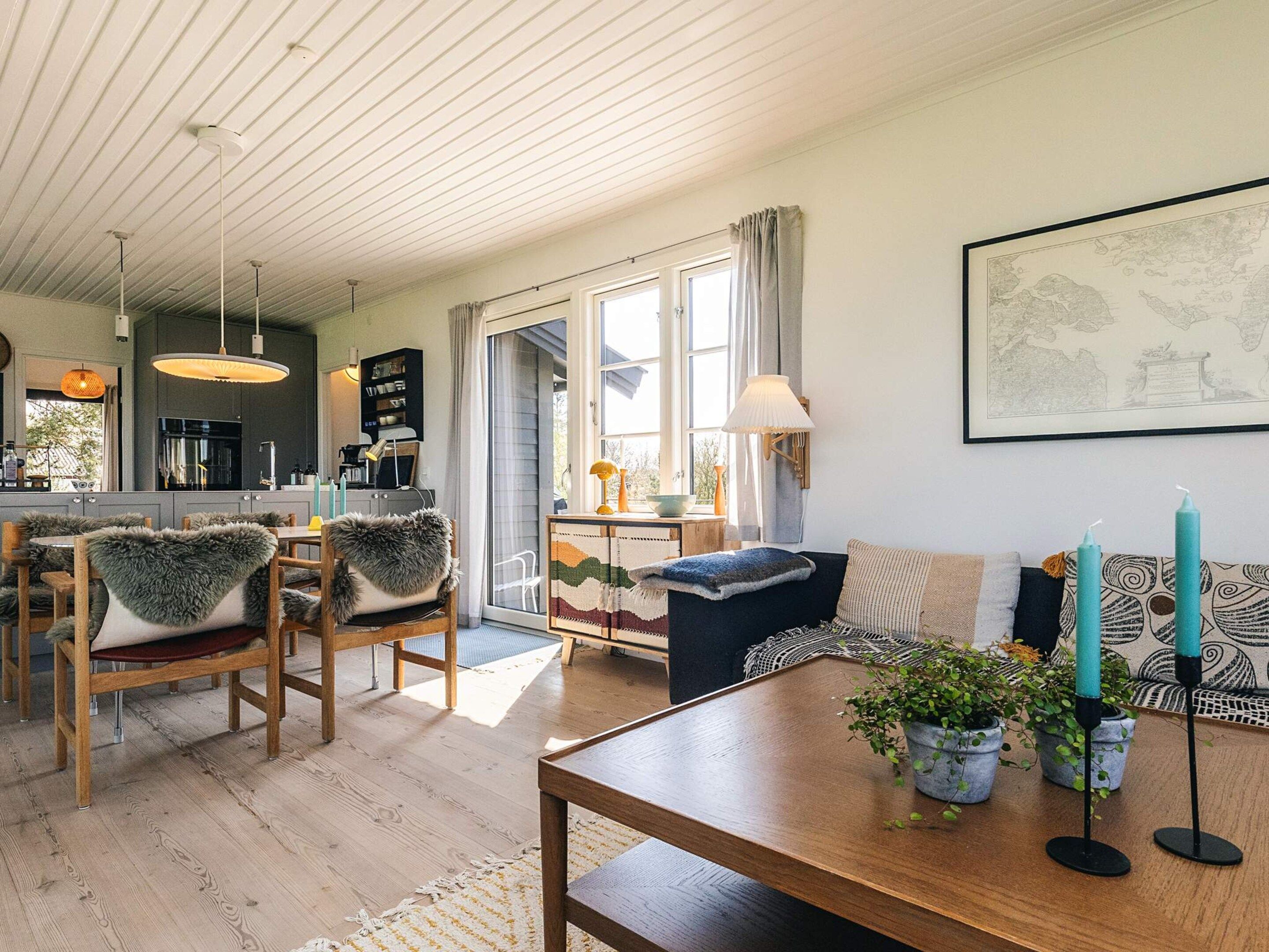 Ein modernes Wohnzimmer mit einem Holzesstisch, Stühlen mit fellartigen Zierkissen, einer Couch und einem Couchtisch mit Blumentöpfen.