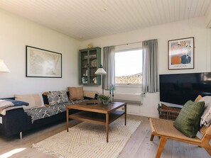 Un salon comprenant un canapé, une table basse, un fauteuil en osier, un téléviseur, une fenêtre avec des rideaux et un tableau encadré accroché au mur.