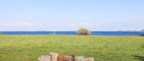 A grassy field with a circular arrangement of wooden stumps and a metal fence in the center, overlooking a body of water.