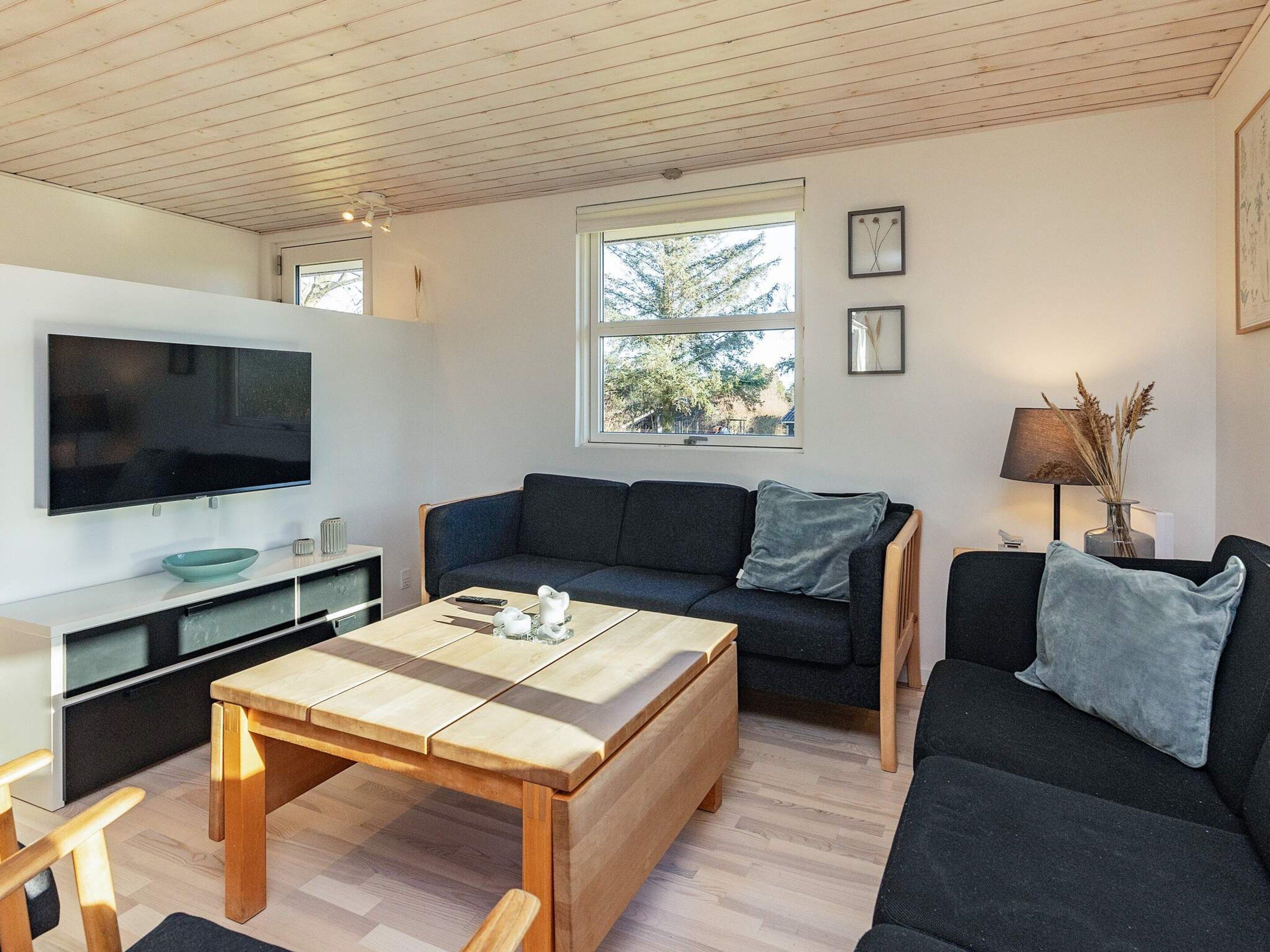 A modern living room with a flat-screen TV, a dark-colored sofa, a wooden coffee table, and a window with a view of trees.