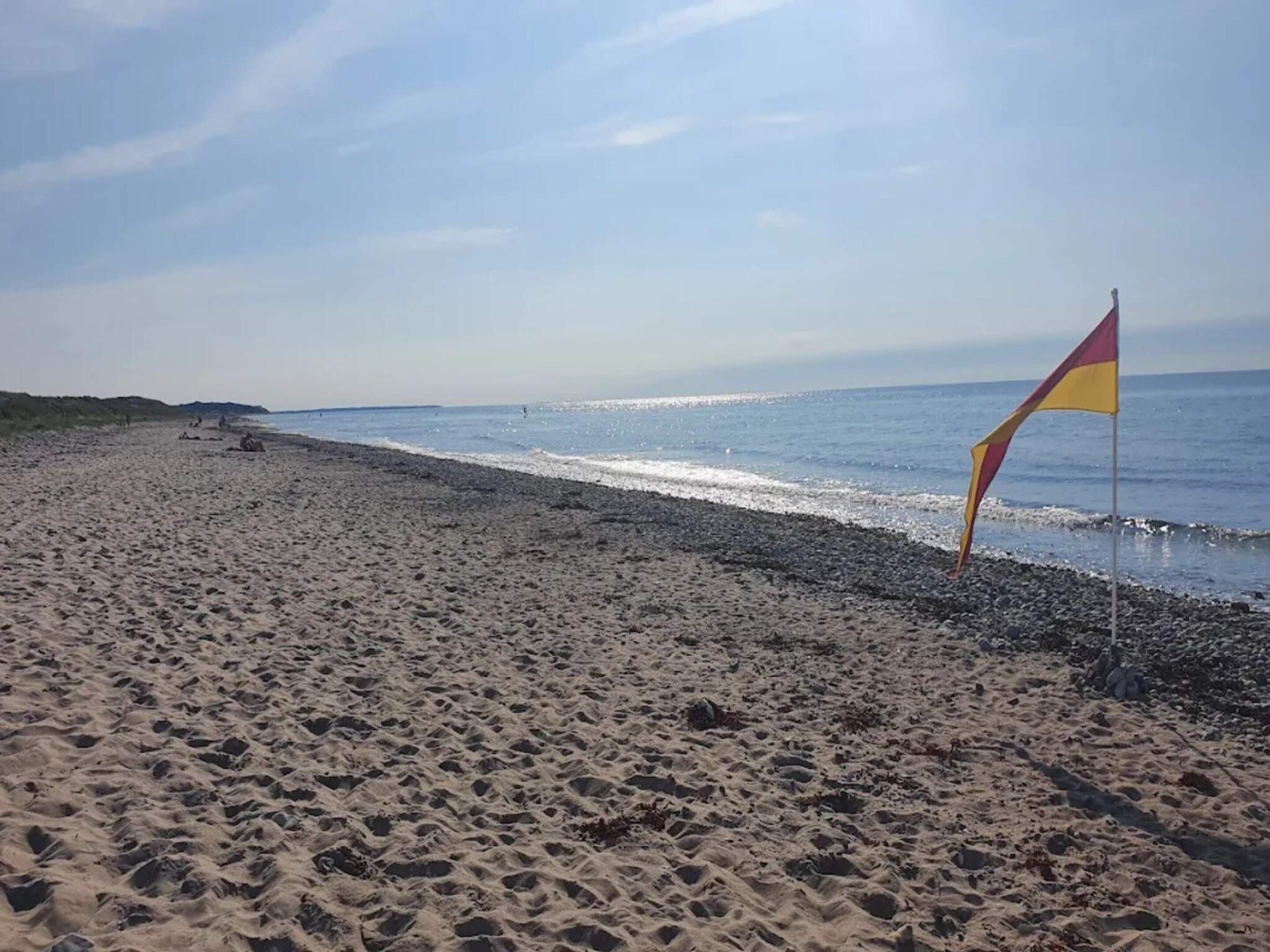 A beach with a flag, clear sky, and calm sea.