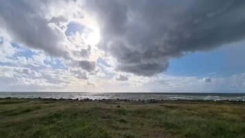 Un campo cubierto de césped con vista al océano y un cielo nublado.