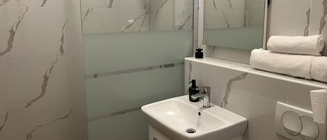 A modern bathroom with a shower, sink, and mirror.