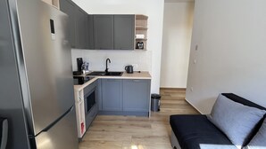 A compact kitchen with grey cabinets, a stainless steel refrigerator, and a black countertop. - Tony's Apartments (Rijeka)