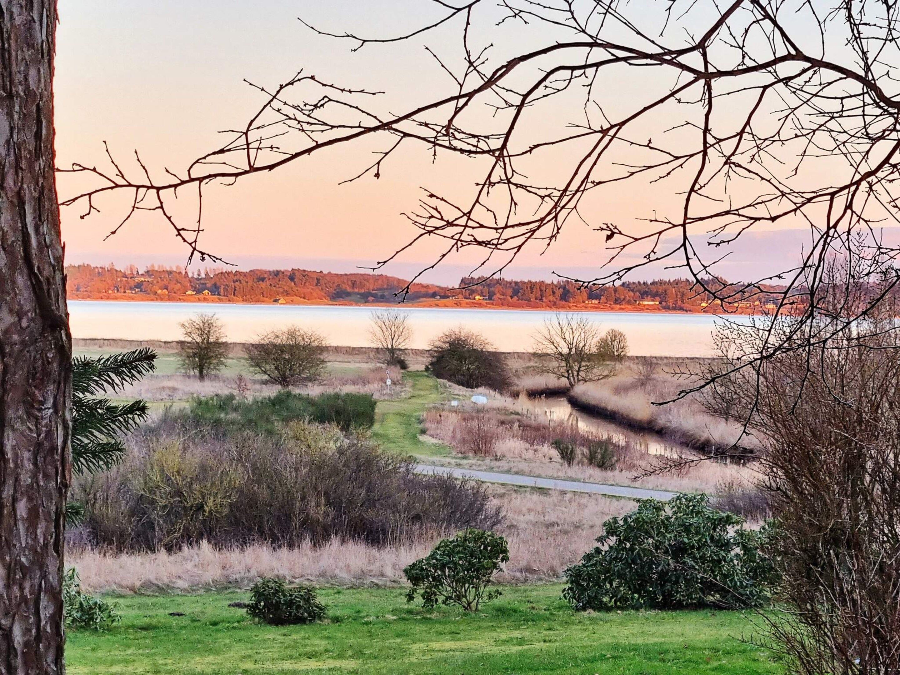 A landscape with a body of water, trees, and a path.