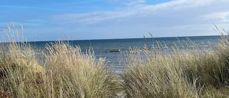 En sti langs stranden der fører hen til havet, med høje græstyper på hver side.