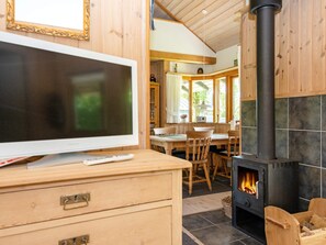 A cozy room with a television, wooden furniture, a fireplace, and a window overlooking greenery. - 6 Person Holiday Home in Hovborg (Hovborg)