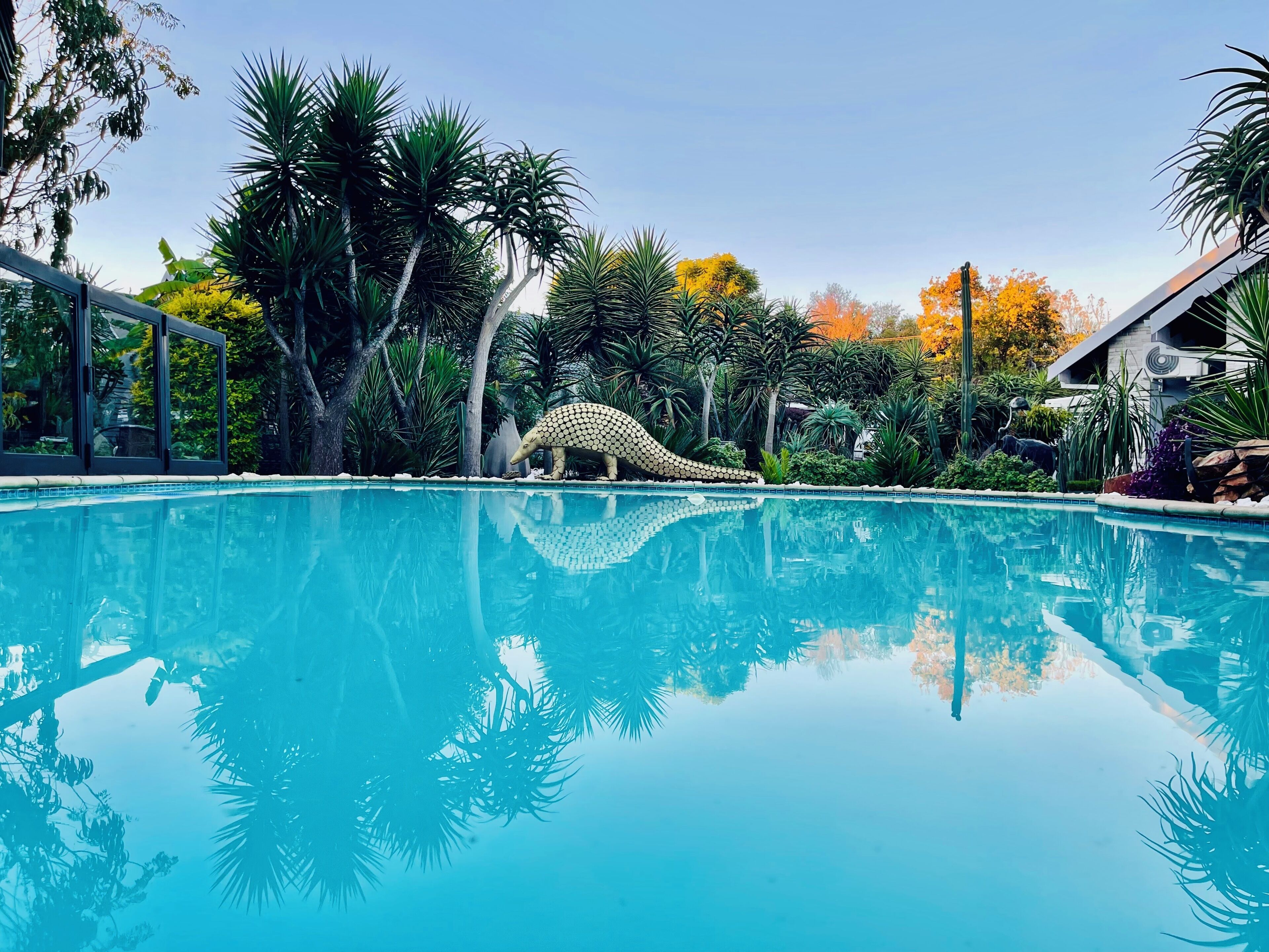 A swimming pool with a slide, surrounded by tropical plants and a building with a modern design.