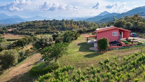 A red house with a patio, surrounded by vineyards and mountains. - Vacation Home "La Collina Degli Ulivi" with Sea View, Private Terrace & Wi-Fi (Bari Sardo)