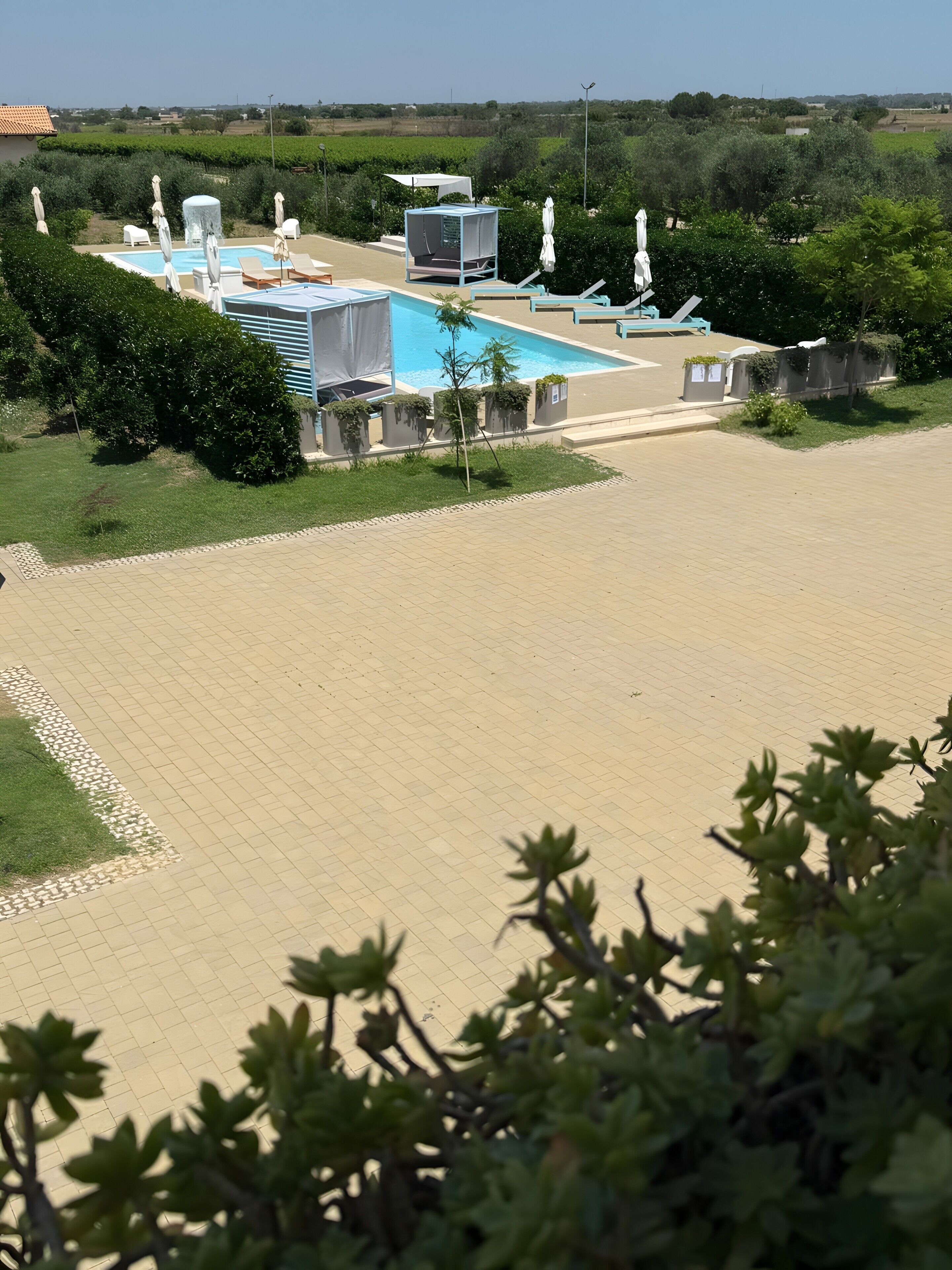 A pool area with lounge chairs and umbrellas, surrounded by greenery.