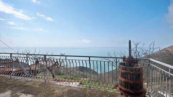 Ein Balkon mit Metallgeländer, der auf eine gebirgige Landschaft und ein Gewässer blickt.