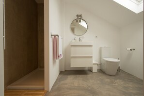 Douche, séchoir à cheveux, serviettes fournies, savon