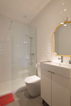 Shower, hair dryer, towels, shampoo