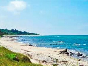 Ein Strand mit klarem, blauem Wasser, sandigem Ufer und einer grünen Landschaft im Hintergrund.