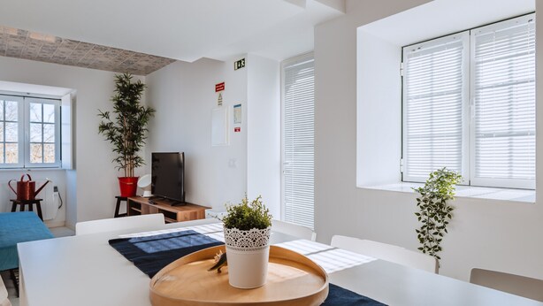 A modern room with a large table, chairs, a television, and potted plants. - Encosta d'Óbidos T3 (Óbidos)