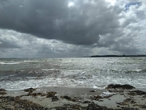 A beach with waves, seaweed, and a cloudy sky. - 6 Person Holiday Home in Ronde (Ronde)