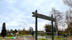 Un parc avec un panneau en bois, une girafe et un enclos pour éléphants.