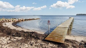 Un muelle de madera se extiende sobre aguas tranquilas, una playa arenosa con algas marinas y un letrero de prohibido bañarse.