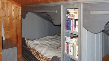 A bedroom with a bunk bed, a bookshelf filled with books, and a wooden ceiling.