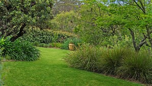 A well-maintained garden with a variety of plants and a central pathway. - Summer House - 2 Bedroom House (Wentworth Falls)