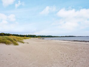 Una playa con arena y dunas cubiertas de hierba, un mar tranquilo y un horizonte boscoso.