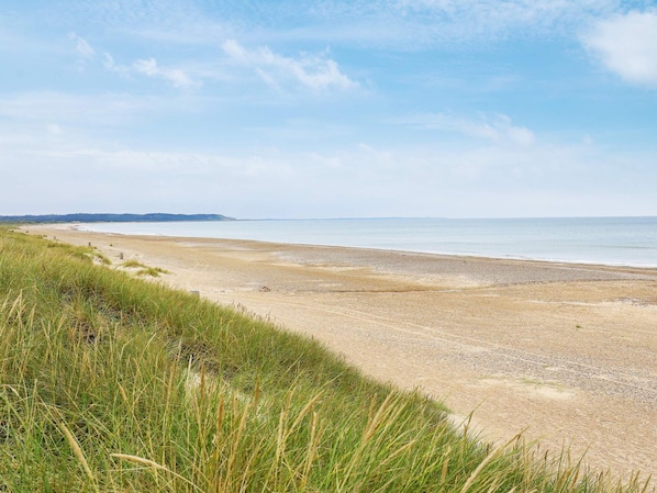 A coastal landscape with a sandy beach, grassy dunes, and a calm sea under a clear sky. - 4 Person Holiday Home in Brovst (Brovst)